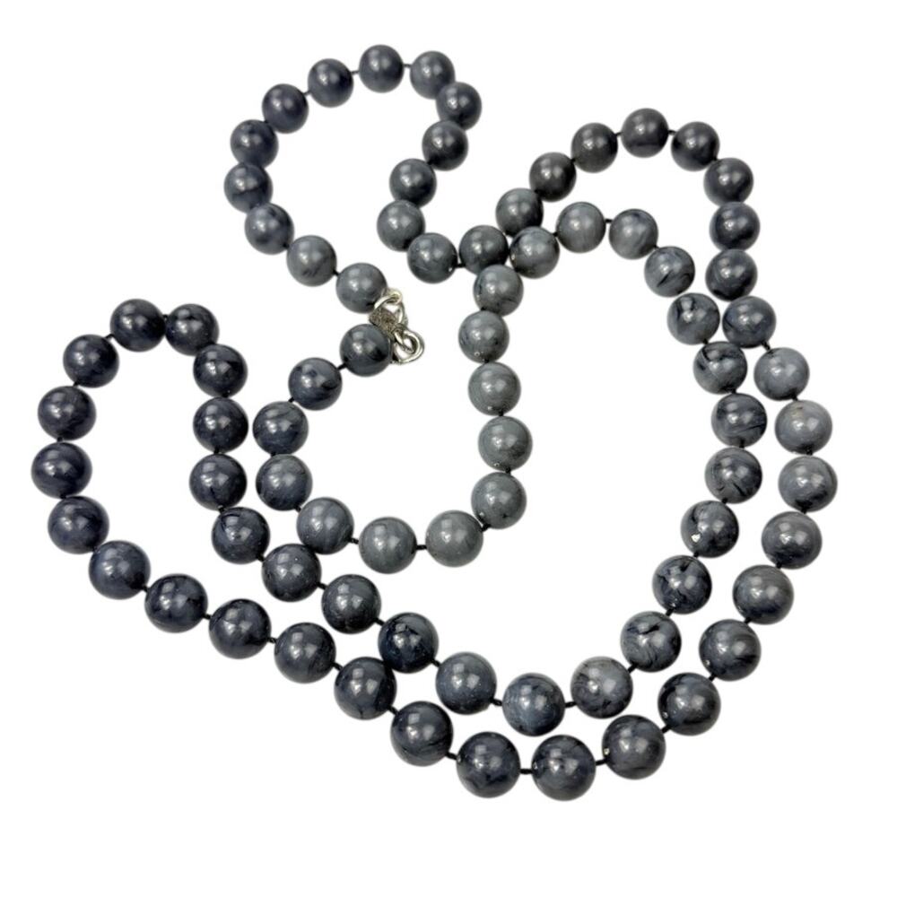 Vintage Sarah Coventry 36” Dark Gray Marbled Acrylic Knotted Beaded Necklace